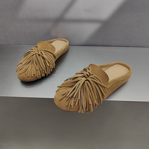 2025春夏新款真皮流苏平底凉拖鞋女外穿原创时尚百搭休闲包头拖鞋