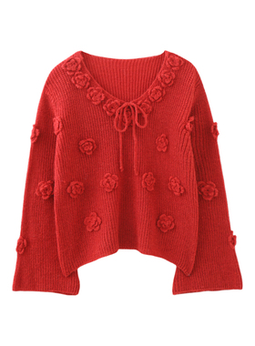 MMC欧货法式重工红色立体花朵宽松V领韩版针织套头毛衣上衣小众女