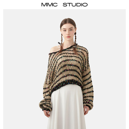 MMC手工编织粗针镂空波浪条纹亮片长袖套头针织衫毛衣外套上衣女