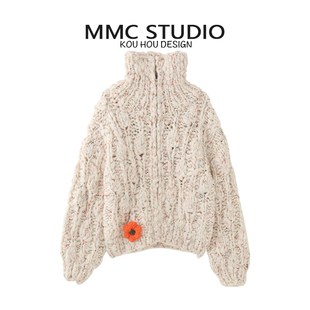 MMC 女 宽松慵懒风欧货重工手工粗针棒针加厚高领花朵拉链针织开衫
