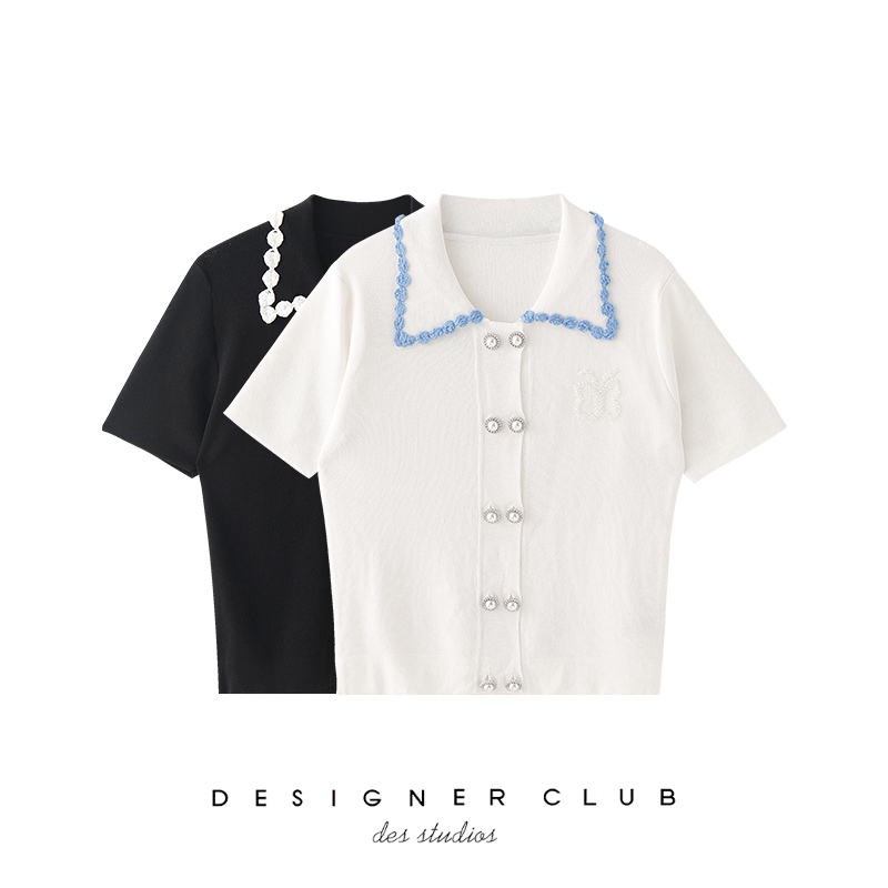 mmc小香风蝴蝶钉珠翻领polo衫针织短袖T恤设计感小众高级感上衣女