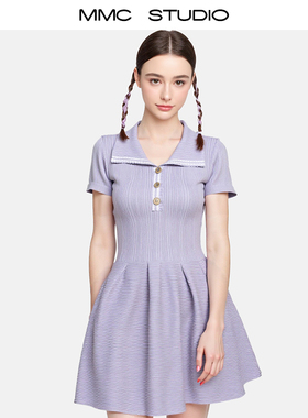 MMC欧货法式大翻领紫色气质名媛轻奢风针织连衣裙短袖伞裙小众女