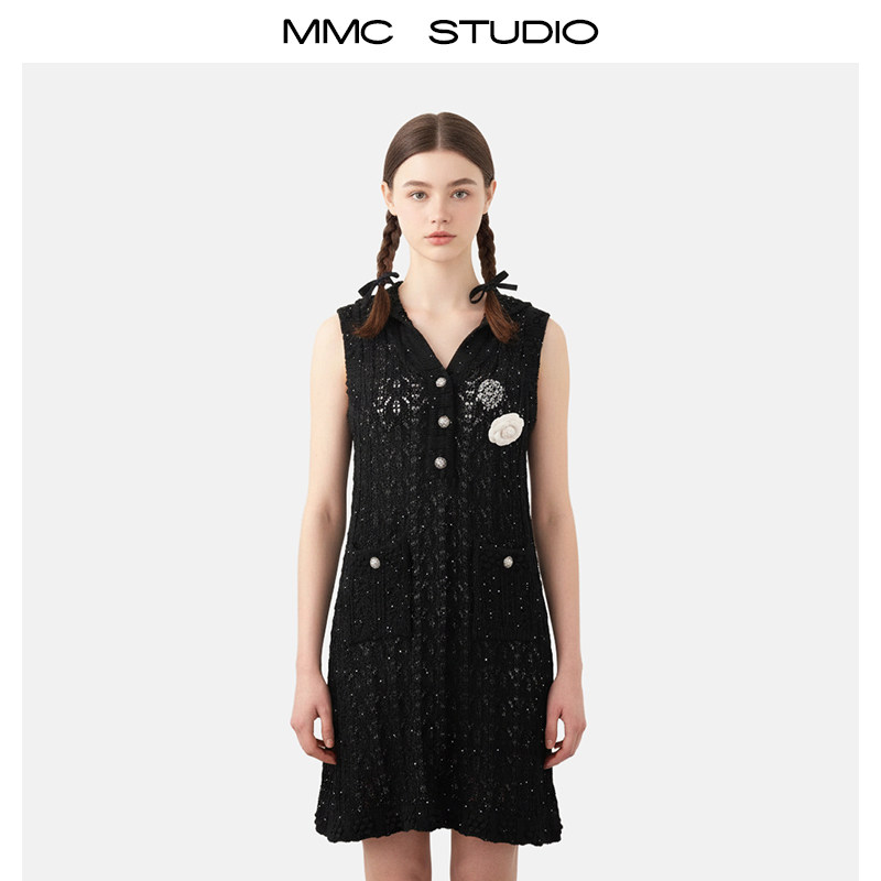 MMC欧货法式名媛气质风立体花朵口袋无袖针织连衣裙日常穿搭小众