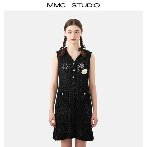 MMC欧货法式名媛气质风立体花朵口袋无袖针织连衣裙日常穿搭小众