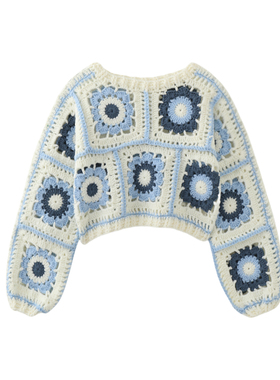 MMC重工手工钩花毛衣外套复古设计感拼色短款镂空套头针织衫上衣