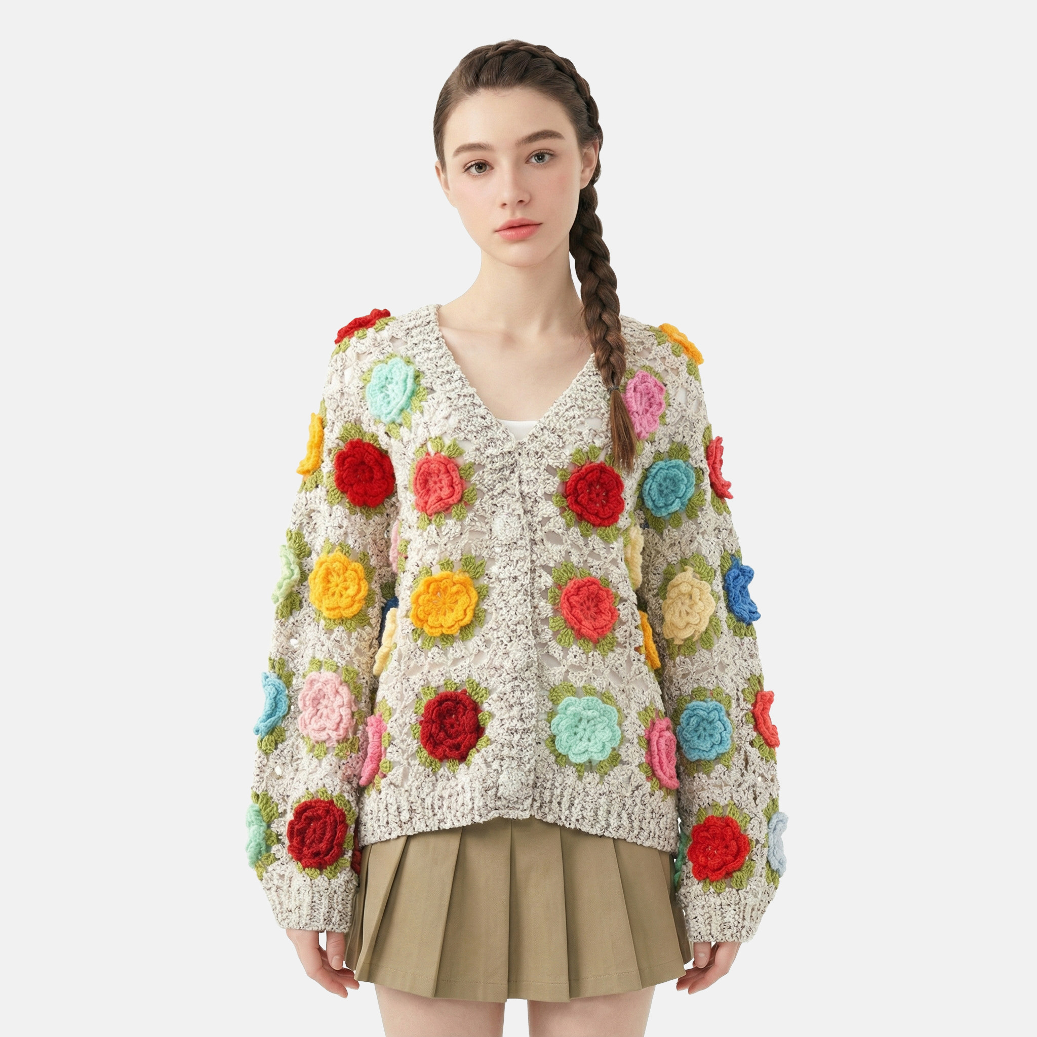 MMC多巴胺穿搭重工手工编织立体花朵镂空针织开衫外套毛衣上衣女