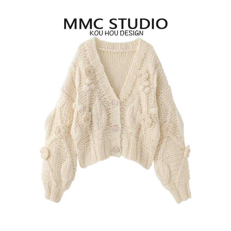 蔻后V领慵懒风宽松棒针钩花开衫