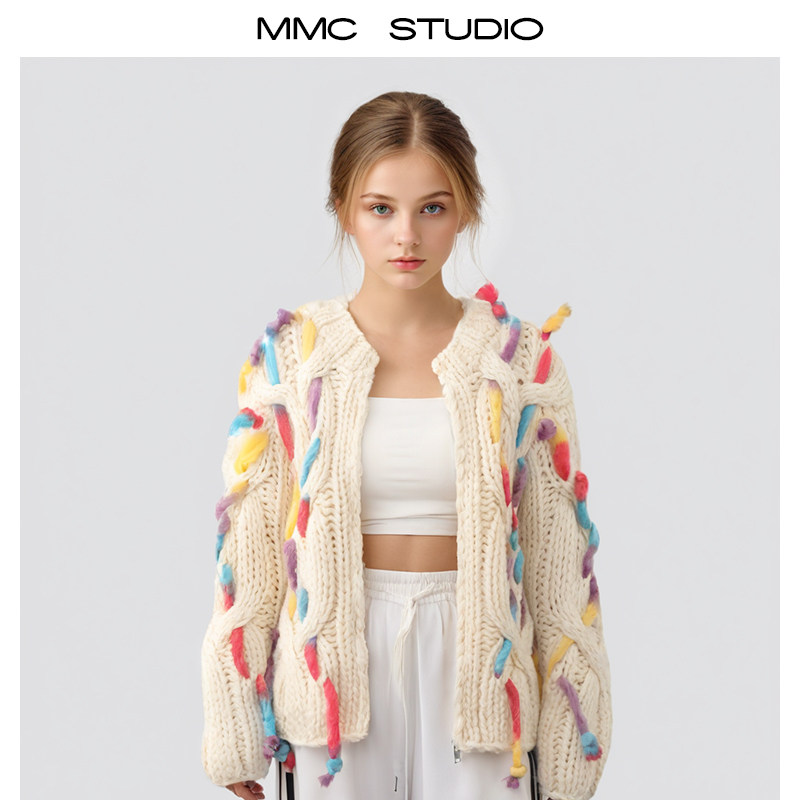 MMC宽松慵懒风手工编织粗棒针麻花彩条流苏圆领针织开衫外套毛衣