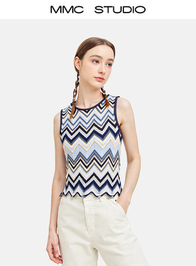 MMCM家法式温柔风波浪条纹无袖针织背心气质显瘦内搭外穿上衣女新