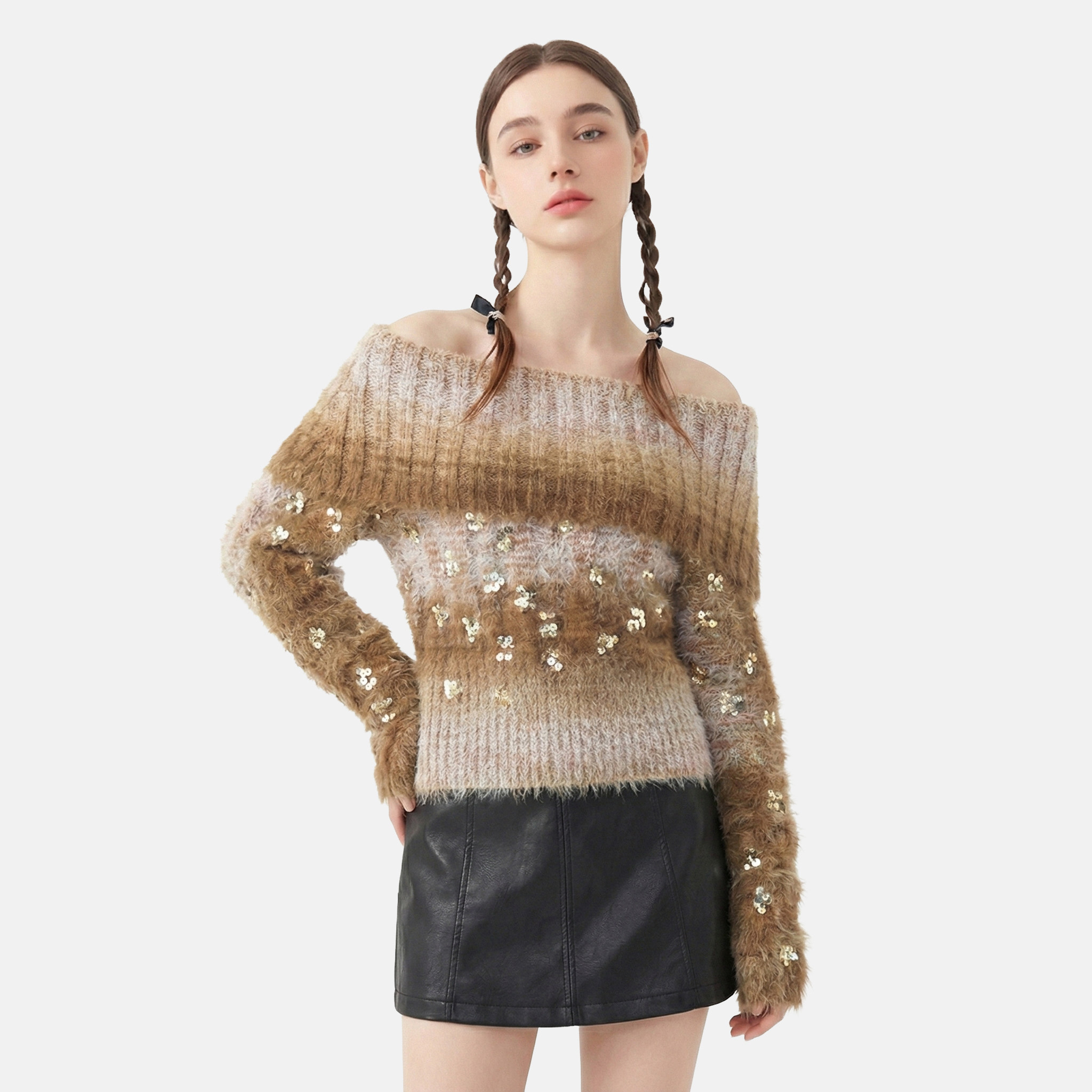 MMC一字领露肩毛衣女秋冬2026新款纯欲辣妹风亮片针织衫毛衣上衣