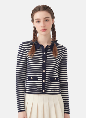 MMC法式复古小香风撞色条纹翻领POLo领针织开衫外套毛衣上衣洋气