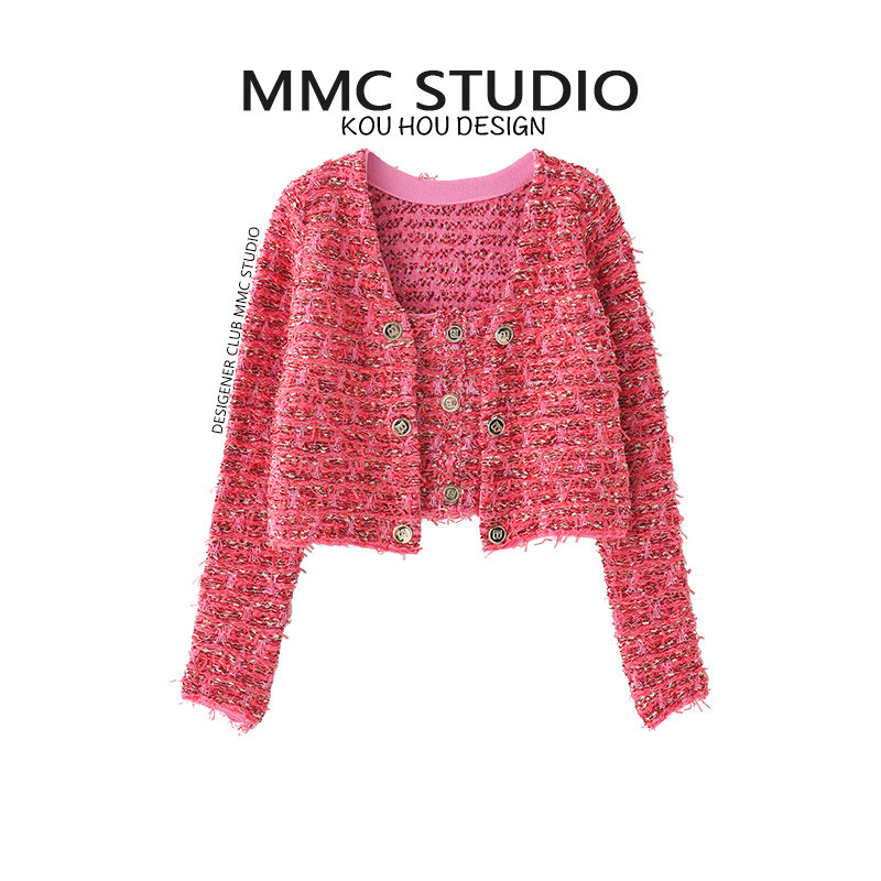 MMC 小香风吊带开衫两件套女神减龄粉色流苏短款针织外套春季新款