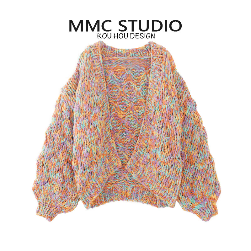 MMC 欧货重工慵懒风粗针棒针全手工编织宽松彩线针织开衫外套毛衣