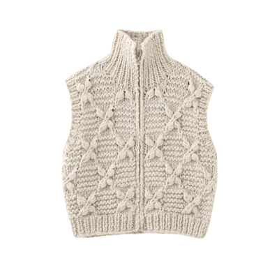 MMC复古手工编织粗针马甲女立领拉链毛衣背心温柔百搭设计感无袖