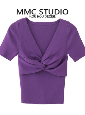 MMC 法式设计感高级感通勤小众紫色v领针织短袖上衣女修身显瘦新