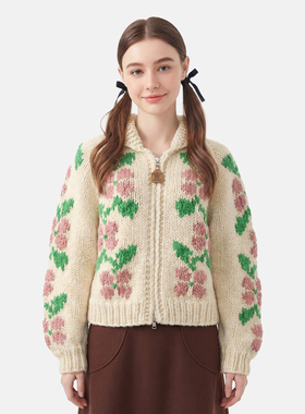 MMC宽松复古慵懒风手工编织粗针翻领提花针织开衫外套毛衣上衣厚