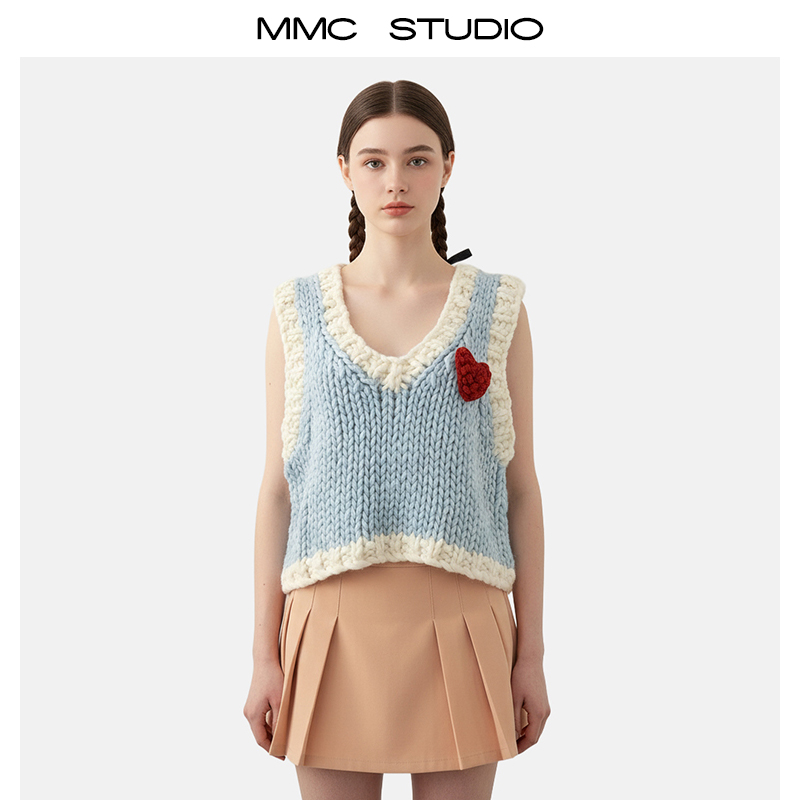 MMC新款设计感小众手工编织粗棒针针织马甲女甜美爱心毛衣背心女
