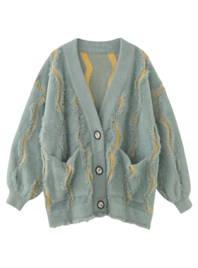 MMC欧货法式复古立体条纹口袋V领仿水貂针织开衫外套毛衣上衣宽松