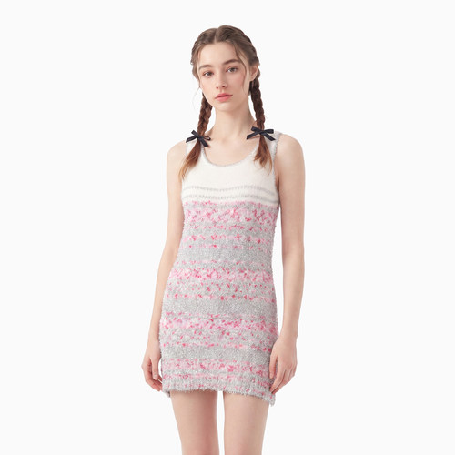 MMC小香风名媛风无袖针织连衣裙拼色撞色碎花银丝条纹小众设计感