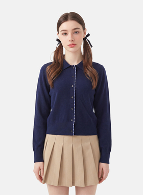 MMC法式复古翻领拼色条纹针织开衫外套毛衣显瘦气质减龄小众设计