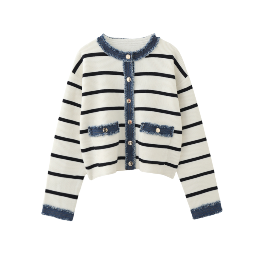 MMC欧货法式黑白条纹开衫女牛仔撞色装饰复古金扣外套修身小香风