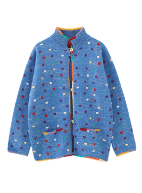 MMC欧货复古宽松慵懒风手工蓝色提花针织开衫外套毛衣上衣小众女