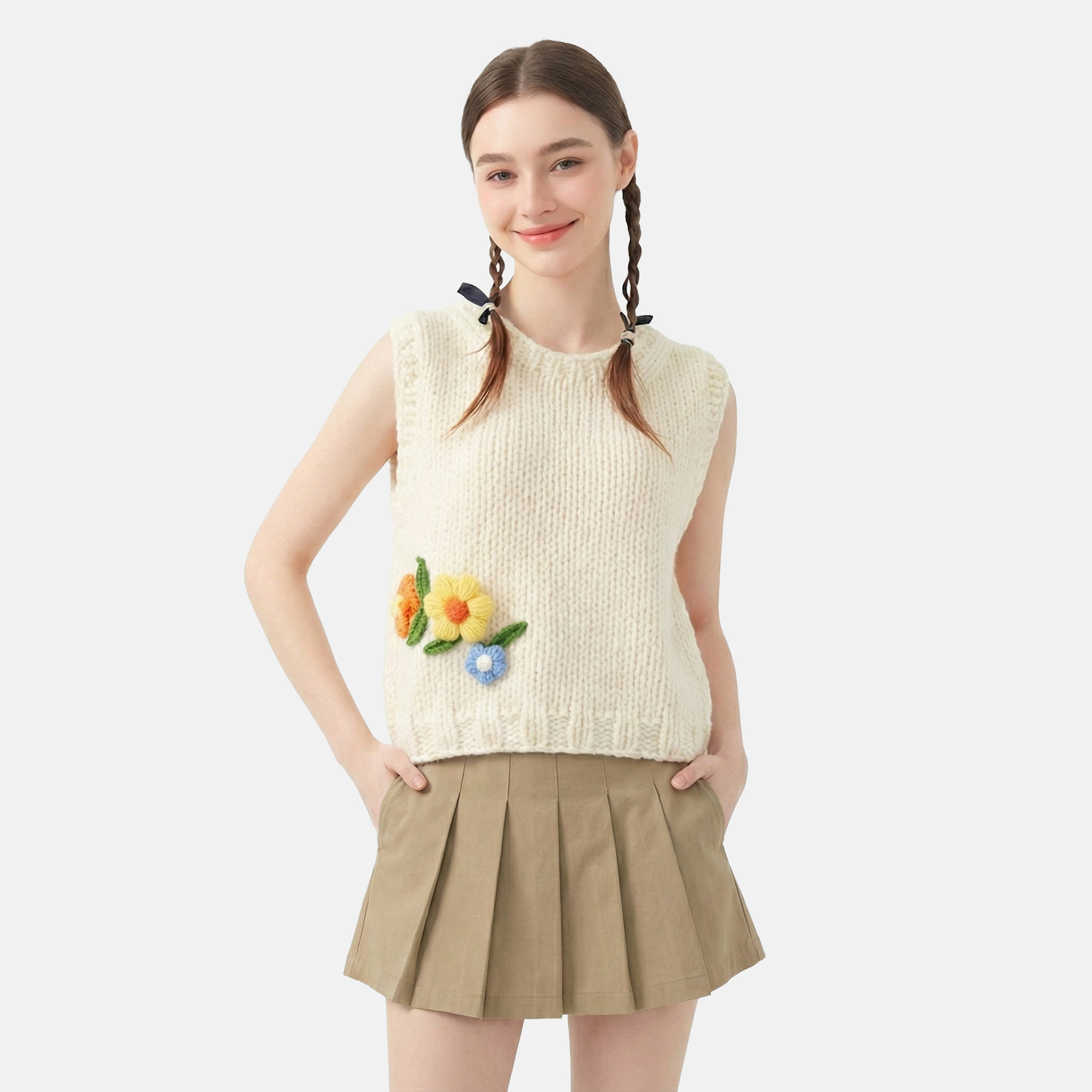 MMC立体花朵刺绣重工手工编织粗针无袖套头针织衫背心马甲上衣女