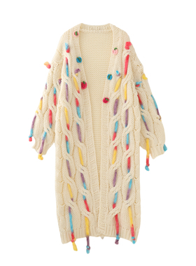 MMC重工麻花绞花粗针手工编织立体花朵装饰中长款针织开衫外套女