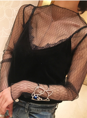 MMC studio 渔网上衣女镂空透视罩衫2025新款黑色蕾丝网纱打底衫