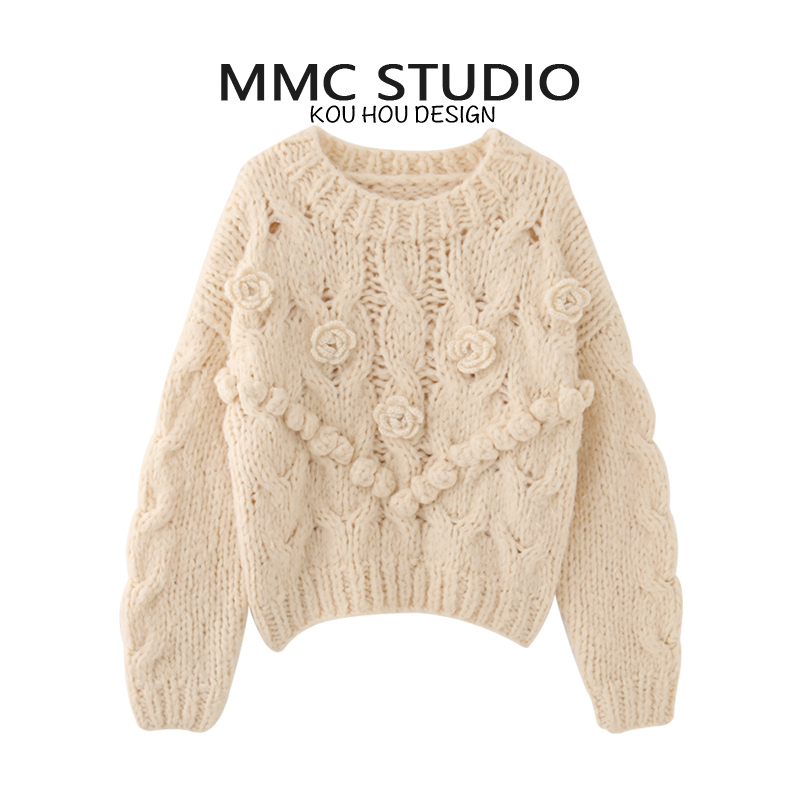 蔻后针织花朵棒针加厚套头毛衣