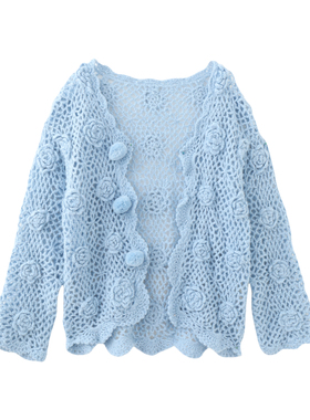MMC重工手工钩花毛衣开衫女复古浪漫温柔蓝色玫瑰镂空针织外套女