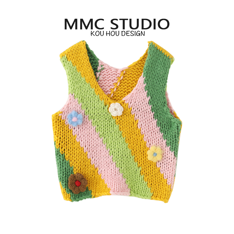 蔻后棒针V领套头撞色钩花马甲