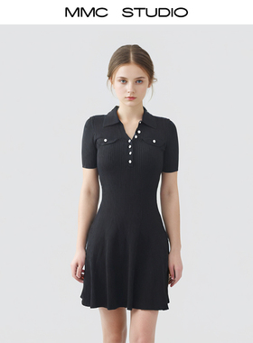 MMC 欧货法式修身时尚气质V领收腰黑色针织连衣裙短裙2025春夏新