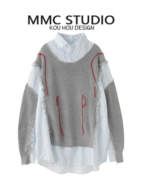 MMC 2025秋冬新款设计感毛衣拼接衬衫复古气质宽松长袖上衣外套女