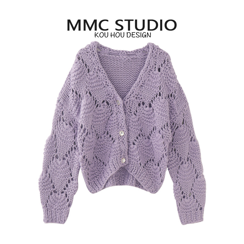 MMC欧货重工法式粗针棒针手工镂空v领针织开衫外套上衣宽松慵懒风