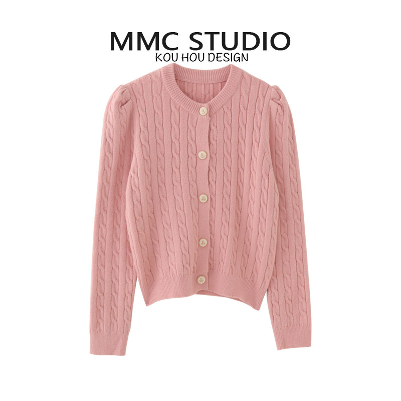 MMC 2025秋冬新品韩系圆领泡泡袖单排扣麻花绞花针织开衫外套上衣