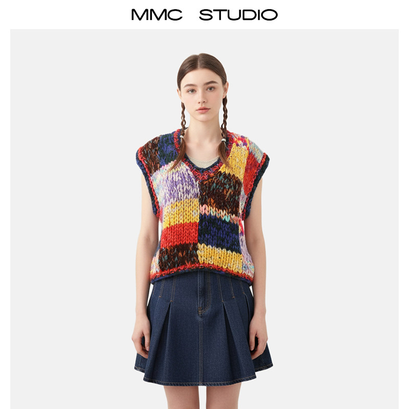MMC复古重工手工钩花拼接撞色格子无袖针织背心马甲上衣外穿百搭