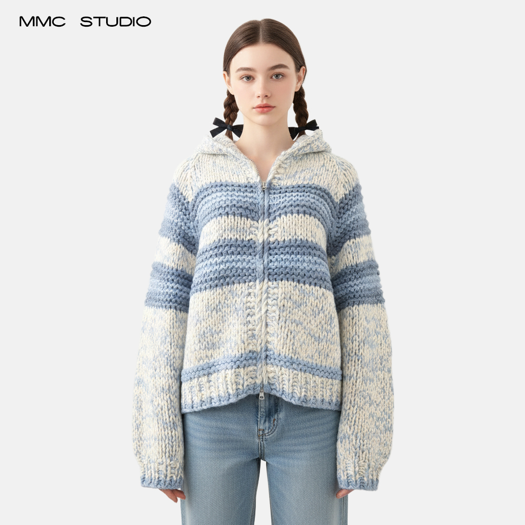 MMC宽松慵懒风条纹连帽粗针针织开衫毛衣外套上衣加厚手工编织女