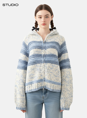 MMC宽松慵懒风条纹连帽粗针针织开衫毛衣外套上衣加厚手工编织女