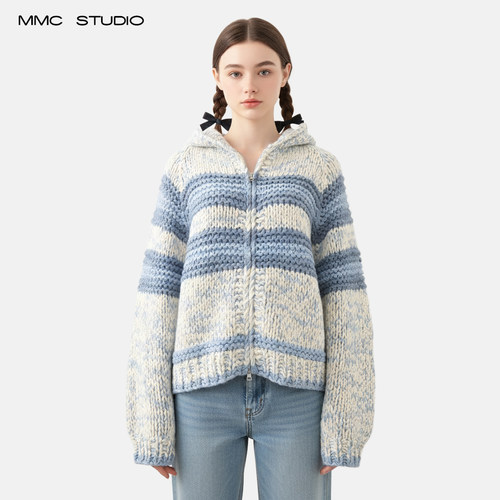 MMC宽松慵懒风条纹连帽粗针针织开衫毛衣外套上衣加厚手工编织女