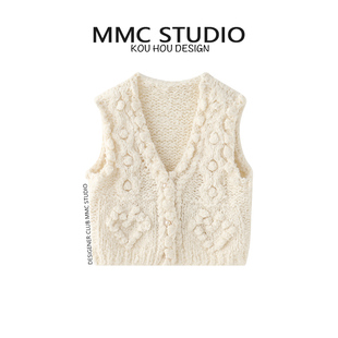 女棒针加厚无袖 重工手工豆豆编织V领马甲开衫 背心 秋冬新款 MMC