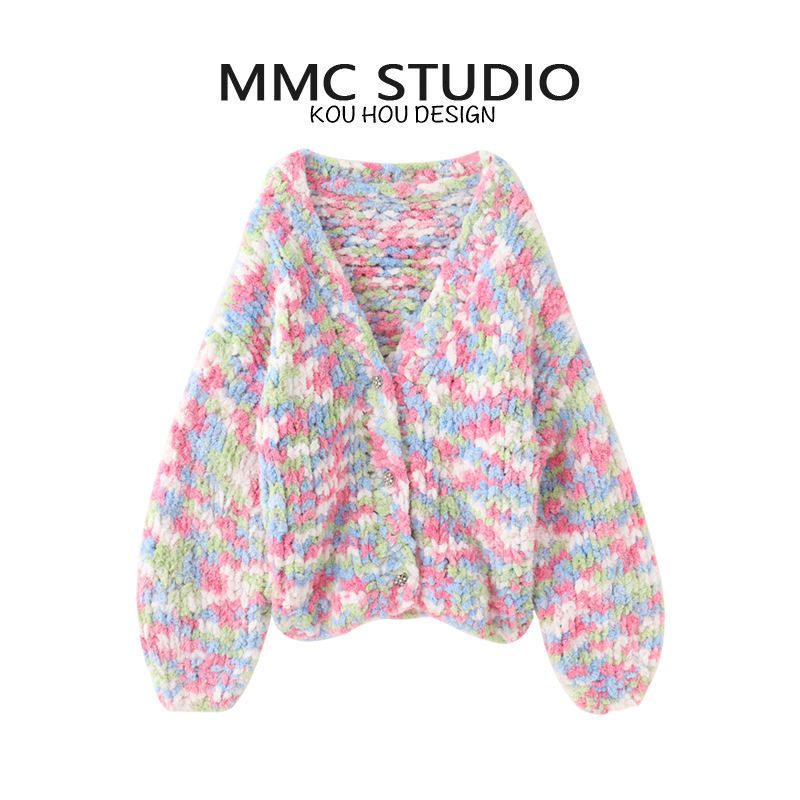 蔻后V领甜美风宽松花纱棒针毛衣