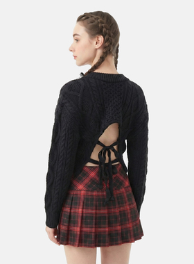 MMC 小众个性原宿风心机露腰系带针织衫小清新慵懒V领纯色毛衣女