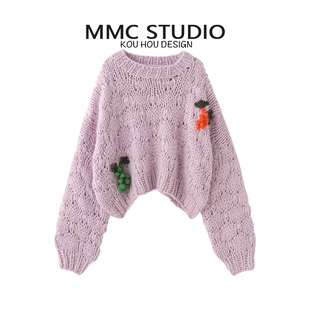 毛衣厚 饰圆领套头针织衫 MMC 欧货重工粗针棒针手工手打钩花立体装
