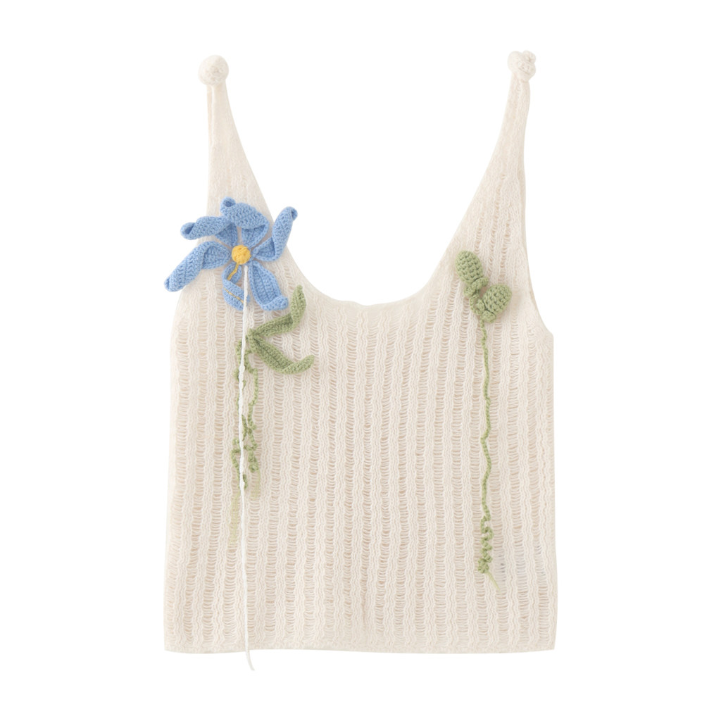 MMC 甜辣风镂空立体花朵刺绣针织吊带背心女短款上衣小众设计感女