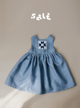 盐巴手作 2022手工拼布法式亚麻小围裙 女孩蓝色小裙子 游戏烘焙