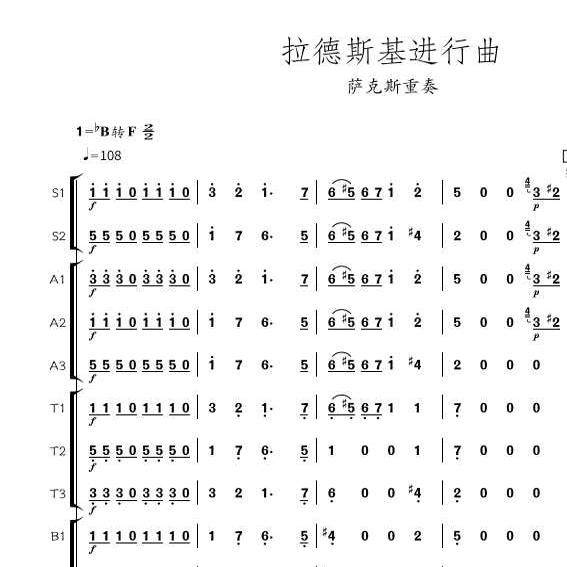 拉德斯基进行曲高清旋律简谱萨克斯重奏总谱