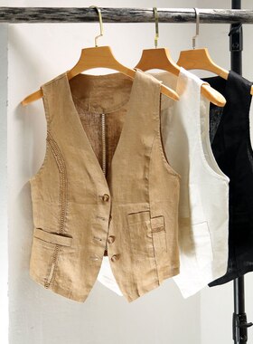 2023春夏款文艺风薄款时尚女装短款亚麻棉麻马甲镂空花边单层马夹