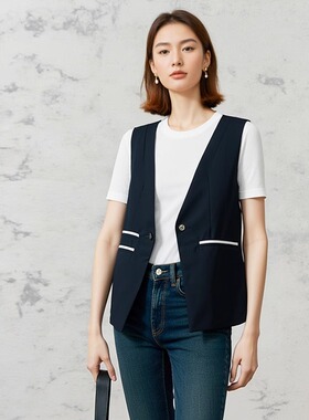 一粒扣收腰显瘦免烫西装马甲韩版深V领深蓝色马夹外穿叠穿春秋