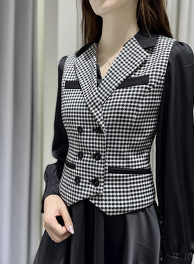 巨实用百搭经典棋盘千鸟格双排扣西装领短款马甲收腰显瘦2025秋冬